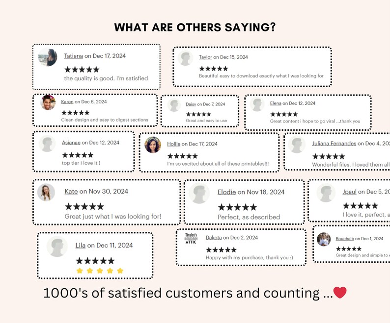 May include: A graphic with customer testimonials, featuring star ratings and comments. The text reads "What are others saying?" and "1000's of satisfied customers and counting..." with a heart symbol.