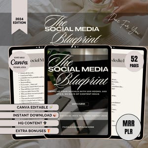 Puede incluir: Una maqueta de producto digital con el t&iacute;tulo "The Social Media Blueprint" en la pantalla de una tableta. El texto "Level Up Your Socials with 100 Hooks, 100 CTAs, 90 Days of Content Ideas" tambi&eacute;n est&aacute; en la pantalla. La tableta est&aacute; sobre una superficie blanca con una bebida verde en un tarro de vidrio en el fondo.