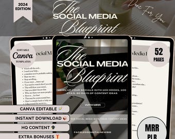 Pode incluir: Uma maquete de produto digital com o título "The Social Media Blueprint" na tela de um tablet. O texto "Level Up Your Socials with 100 Hooks, 100 CTAs, 90 Days of Content Ideas" também está na tela. O tablet está sobre uma superfície branca com uma bebida verde em um pote de vidro no fundo.