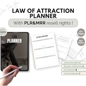 May include: A digital planner with the text "Law of Attraction Planner" and "LOA Planner" on the cover. The planner is designed to help users set intentions, track their progress, and manifest their goals. The planner is available for instant download and includes 27+ pages and 6,000+ stickers.