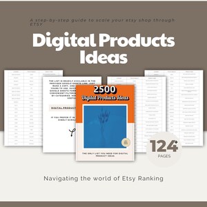 May include: A book cover with a bright orange background and the title "2500 Digital Products Ideas". The book cover features a blue and white image of a hand reaching out from a body of water. The book cover also includes the text "The only list you need for digital product ideas".