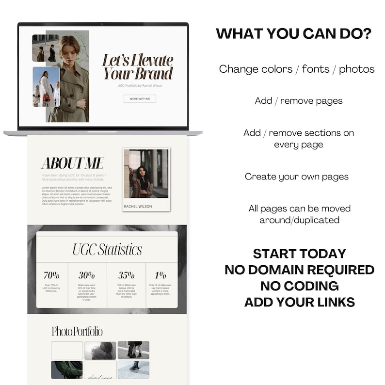 Puede incluir: Una pantalla de computadora port&aacute;til que muestra un sitio web con el texto "Let's Elevate Your Brand" y una foto de una mujer. El sitio web tambi&eacute;n incluye secciones tituladas "About Me", "UGC Statistics" y "Photo Portfolio".