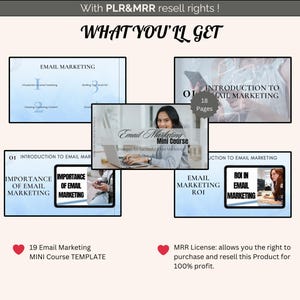 May include: A digital marketing course template with a blue background and the text "Email Marketing Mini Course" in white. The course includes 19 email marketing templates and 18 pages of content on introduction to email marketing, email marketing ROI, and the importance of email marketing.