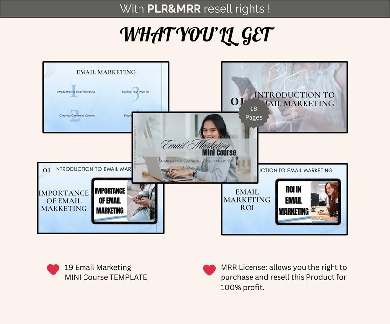 May include: A digital marketing course template with a blue background and the text "Email Marketing Mini Course" in white. The course includes 19 email marketing templates and 18 pages of content on introduction to email marketing, email marketing ROI, and the importance of email marketing.