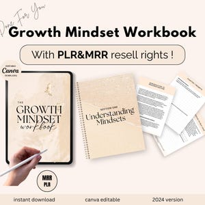 Könnte beinhalten: Ein digitales Produkt-Mockup mit einem Growth Mindset Workbook mit Strand-Design. Das Workbook trägt den Titel "The Growth Mindset Workbook" und enthält einen Abschnitt mit dem Titel "Understanding Mindsets". Das Produkt wird als "bearbeitbar" beschrieben und beinhaltet "PLR & MRR-Weiterverkaufsrechte".