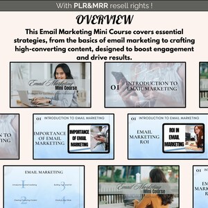 May include: A blue and white digital marketing course with the title "Email Marketing Mini Course" and the text "Strategies for Successful Email Marketing". The course covers topics such as introduction to email marketing, importance of email marketing, email marketing ROI, and creating engaging content.
