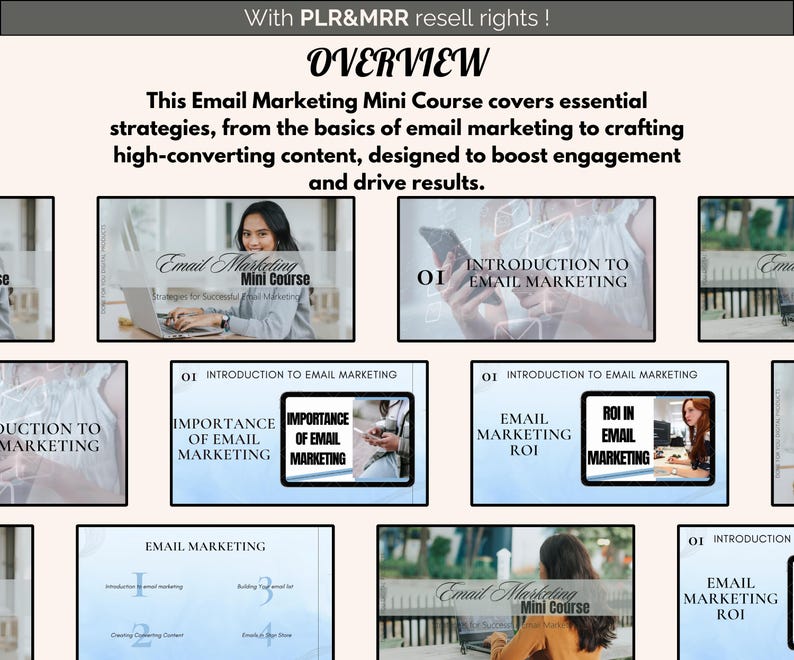 May include: A blue and white digital marketing course with the title "Email Marketing Mini Course" and the text "Strategies for Successful Email Marketing". The course covers topics such as introduction to email marketing, importance of email marketing, email marketing ROI, and creating engaging content.