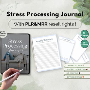 Puede incluir: Una tableta digital que muestra una maqueta de un diario de procesamiento del estrés con el texto "Stress Processing Journal" y "The Stress Processing Journal". La portada del diario presenta a una mujer relajándose en un sofá. La tableta se está utilizando con un lápiz óptico. La imagen también incluye texto que dice "Done For You", "Editable Canva Templates", "With PLR&MRR resell rights!" y "24+ Pages", "6k+ Sticker", "Canva Editable", "Instant Download", "HQ Content", "Extra Bonuses".