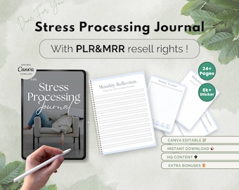Pode incluir: Um tablet digital que exibe uma maquete de um diário de processamento de estresse com o texto "Stress Processing Journal" e "The Stress Processing Journal". A capa do diário apresenta uma mulher relaxando em um sofá. O tablet está sendo usado com uma caneta digital. A imagem também inclui texto que diz "Done For You", "Editable Canva Templates", "With PLR&MRR resell rights!" e "24+ Pages", "6k+ Sticker", "Canva Editable", "Instant Download", "HQ Content", "Extra Bonuses".