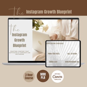 Puede incluir: Una computadora portátil y una tableta muestran un curso de marketing digital titulado "The Instagram Growth Blueprint". El curso incluye cuatro pasos: Prime Your Posts, Timing is Key, Call to Action y Avoid Instagram Jail. El curso está disponible como un curso de 3 horas y un MRR PLR. También se incluyen plantillas de Canva editables.