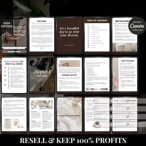 May include: A digital marketing roadmap with 110 pages, featuring a quick roadmap on how it all works, a welcome message, a table of contents, a chapter on your vision, a chapter on optimizing your profile, and a section on building your brand. The roadmap is designed for use with Canva templates and includes a resell and keep 100% profits message.