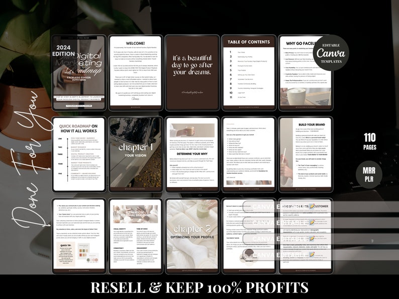 May include: A digital marketing roadmap with 110 pages, featuring a quick roadmap on how it all works, a welcome message, a table of contents, a chapter on your vision, a chapter on optimizing your profile, and a section on building your brand. The roadmap is designed for use with Canva templates and includes a resell and keep 100% profits message.