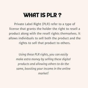 Pu&ograve; includere: Testo che spiega il concetto di Diritti di Etichetta Privata (PLR) e come consente agli individui di rivendere prodotti e diritti per vendere tali prodotti. Il testo menziona che i PLR possono essere utilizzati per guadagnare denaro extra vendendo prodotti digitali online.