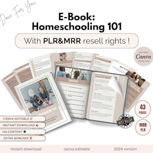 Może przedstawiać: Okładka produktu cyfrowego dla e-booka zatytułowanego "Homeschooling 101: Przewodnik dla rodziców, jak zacząć". Okładka przedstawia zdjęcie dwojga dzieci w klasie. E-book jest opisany jako zawierający 43 strony i zawiera szablony Canva, natychmiastowe pobranie, wysokiej jakości treści i dodatkowe bonusy. E-book jest dostępny do odsprzedaży z prawami PLR i MRR.