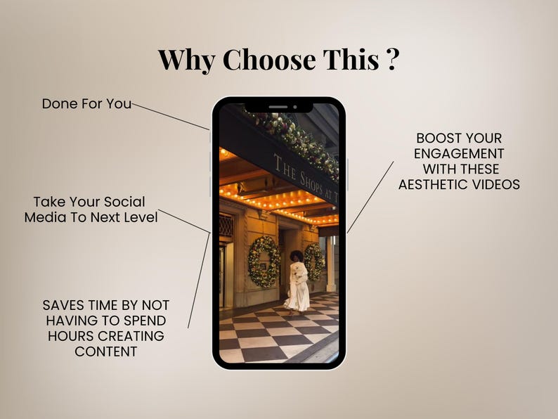 Pode incluir: A tela de um telefone mostrando um v&iacute;deo de uma pessoa entrando em um pr&eacute;dio com um piso xadrez. O texto "THE SHOPS AT" &eacute; vis&iacute;vel acima da entrada. O texto "BOOST YOUR ENGAGEMENT WITH THESE AESTHETIC VIDEOS" &eacute; vis&iacute;vel do lado direito da tela.