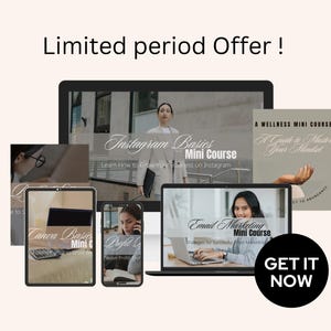 Pu&ograve; includere: Una raccolta di minicorsi digitali su argomenti come le basi di Instagram, le basi di Canva, il marketing via email e la padronanza della tua mentalit&agrave;. I corsi sono visualizzati su schermi di computer e tablet con una call to action "Ottienilo ora".