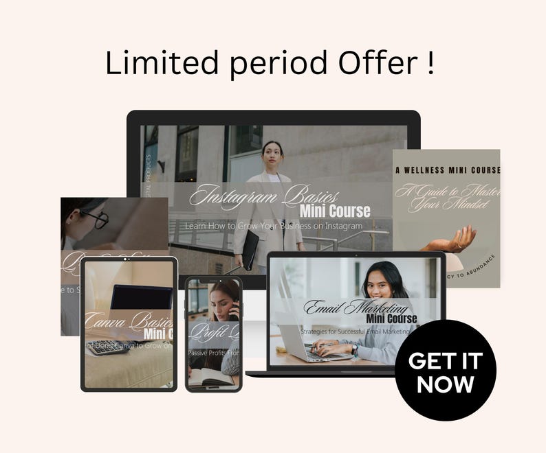 Pu&ograve; includere: Una raccolta di minicorsi digitali su argomenti come le basi di Instagram, le basi di Canva, il marketing via email e la padronanza della tua mentalit&agrave;. I corsi sono visualizzati su schermi di computer e tablet con una call to action "Ottienilo ora".