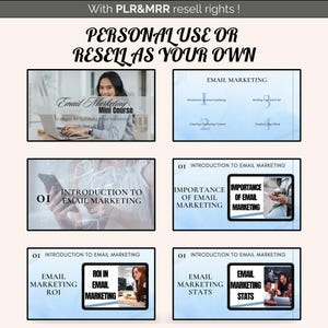 May include: A blue and white digital marketing course with the title "Email Marketing Mini Course" and the text "Strategies for Successful Email Marketing". The course includes lessons on introduction to email marketing, importance of email marketing, email marketing ROI, and email marketing stats.