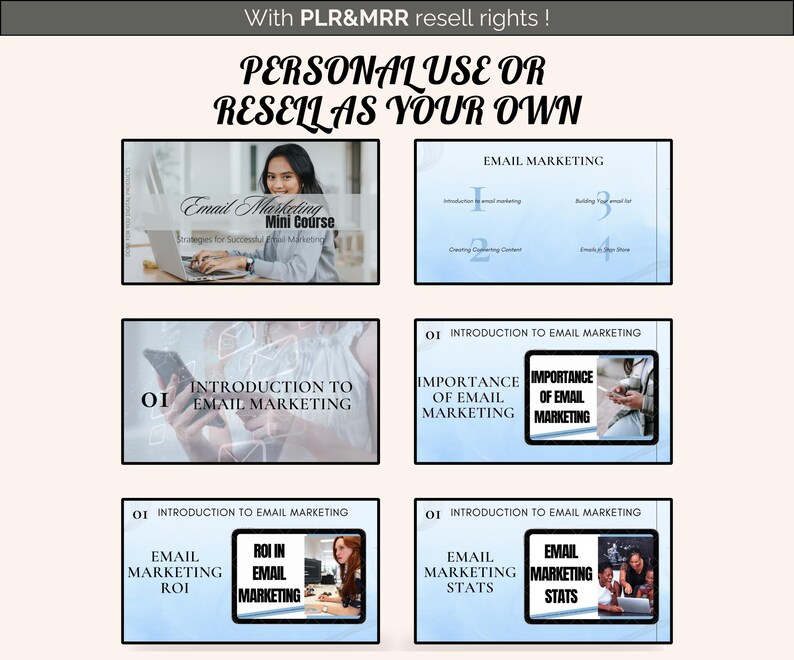 May include: A blue and white digital marketing course with the title "Email Marketing Mini Course" and the text "Strategies for Successful Email Marketing". The course includes lessons on introduction to email marketing, importance of email marketing, email marketing ROI, and email marketing stats.