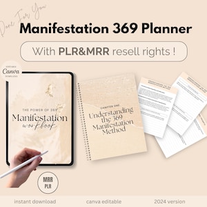 May include: A digital planner with a beige background and the text "Manifestation 369 Planner" in black. The planner includes a workbook with the text "The Power of 369 Manifestation Workbook" and a chapter titled "Understanding the 369 Manifestation Method".