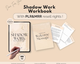 May include: A digital product mockup showing a digital workbook titled "The Shadow Work Workbook" with a beach background. The workbook is available for instant download and is Canva editable. The text "With PLR&MRR resell rights!" is also included in the image.