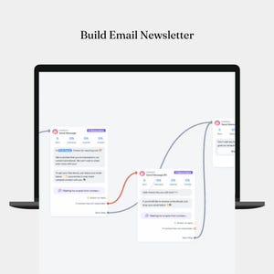 May include: Screenshot of a computer screen showing a website for building email newsletters. The website has a drag-and-drop interface for creating email templates. The screen shows two email templates, each with a different design and content. The website also has a section for tracking email performance.