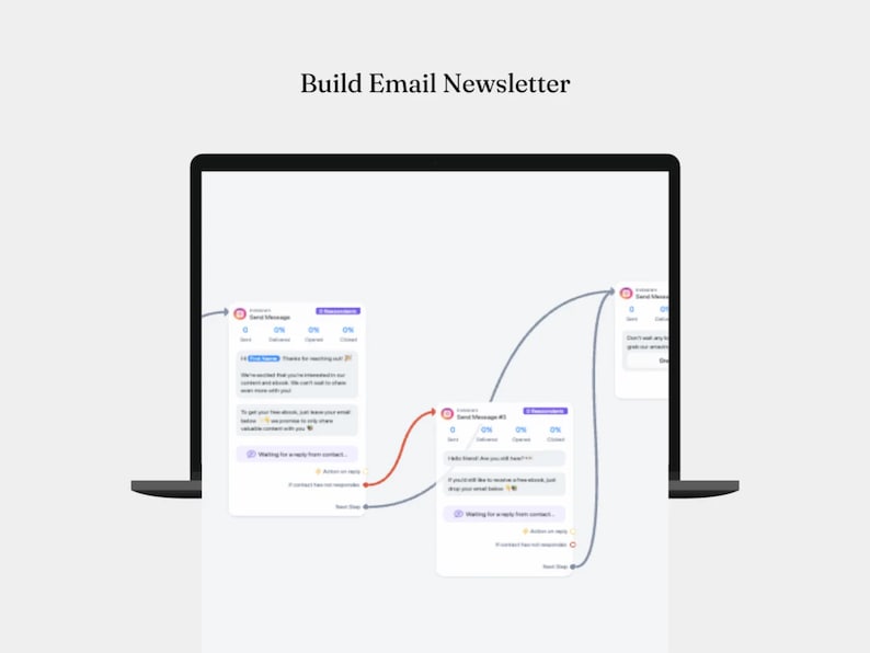 May include: Screenshot of a computer screen showing a website for building email newsletters. The website has a drag-and-drop interface for creating email templates. The screen shows two email templates, each with a different design and content. The website also has a section for tracking email performance.