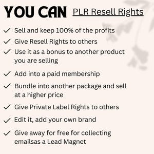 May include: A white background with a green leafy design. The text "YOU CAN PLR Resell Rights" is in black bold letters. A list of bullet points with check marks describes the rights included with PLR products. The list includes: Sell and keep 100% of the profits, Give Resell Rights to others, Use it as a bonus to another product you are selling, Add into a paid membership, Bundle into another package and sell at a higher price, Give Private Label Rights to others, Edit it, add your own brand, Give away for free for collecting emails as a Lead Magnet.