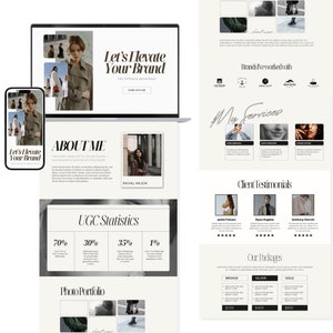 Puede incluir: Una p&aacute;gina de inicio de sitio web para un creador de contenido UGC, con un fondo beige claro y un esquema de color blanco y negro. El sitio web incluye una foto del creador, una secci&oacute;n sobre el creador, una secci&oacute;n sobre estad&iacute;sticas de UGC, un portafolio de fotos y una secci&oacute;n sobre los servicios ofrecidos. El sitio web tambi&eacute;n incluye testimonios de clientes e informaci&oacute;n de precios para diferentes paquetes.