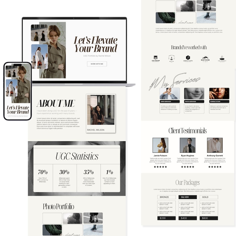 Puede incluir: Una p&aacute;gina de inicio de sitio web para un creador de contenido UGC, con un fondo beige claro y un esquema de color blanco y negro. El sitio web incluye una foto del creador, una secci&oacute;n sobre el creador, una secci&oacute;n sobre estad&iacute;sticas de UGC, un portafolio de fotos y una secci&oacute;n sobre los servicios ofrecidos. El sitio web tambi&eacute;n incluye testimonios de clientes e informaci&oacute;n de precios para diferentes paquetes.