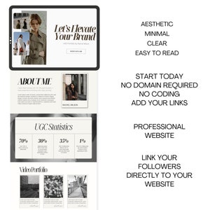 Puede incluir: Una maqueta de sitio web con un dise&ntilde;o minimalista que presenta el retrato de una mujer, texto que dice "Let's Elevate Your Brand" y una llamada a la acci&oacute;n para "Trabajar conmigo". El sitio web tambi&eacute;n incluye secciones para "Acerca de m&iacute;", "Estad&iacute;sticas de UGC" y "Portafolio de video".