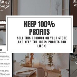 Puede incluir: Un cuadro de texto blanco con texto negro que dice "KEEP 100% PROFITS SELL THIS PRODUCT ON YOUR STORE AND KEEP THE 100% PROFITS FOR LIFE :)" El cuadro de texto est&aacute; sobre un fondo de collage de im&aacute;genes, incluyendo un libro con el texto "chapter YOUR VISION" y un libro con el texto "FACELESS DIGITAL NEWBIE".