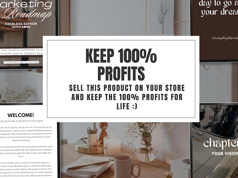 Puede incluir: Un cuadro de texto blanco con texto negro que dice "KEEP 100% PROFITS SELL THIS PRODUCT ON YOUR STORE AND KEEP THE 100% PROFITS FOR LIFE :)" El cuadro de texto est&aacute; sobre un fondo de collage de im&aacute;genes, incluyendo un libro con el texto "chapter YOUR VISION" y un libro con el texto "FACELESS DIGITAL NEWBIE".