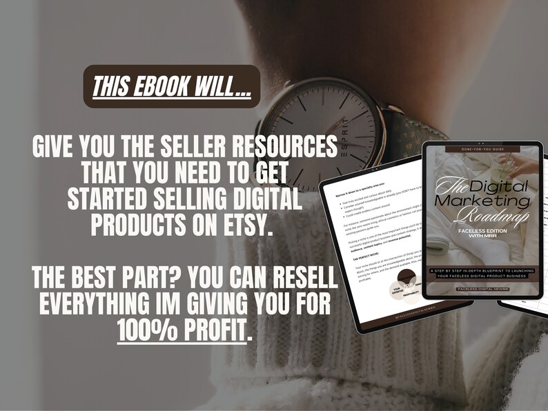May include: A digital marketing roadmap ebook with a brown cover and white text. The title is "The Digital Marketing Roadmap: Faceless Edition with Mehe". The subtitle is "A step by step in-depth blueprint to launching your faceless digital product business".