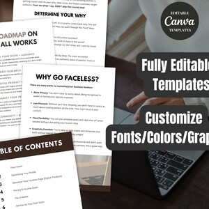 May include: A laptop computer with a black keyboard and a white screen displaying a digital marketing guide with the text "Quick Roadmap on How It All Works" and "Why Go Faceless?" The screen also shows a table of contents with the headings "Your Vision", "Optimizing Your Profile", "Monetize Your Faceless Page Digital Products", "Pricing & Income Goals", "Your Freebie", and "Setting Up Your Shop". The image also includes the text "Fully Editable Templates" and "Customize Fonts/Colors/Graphics".