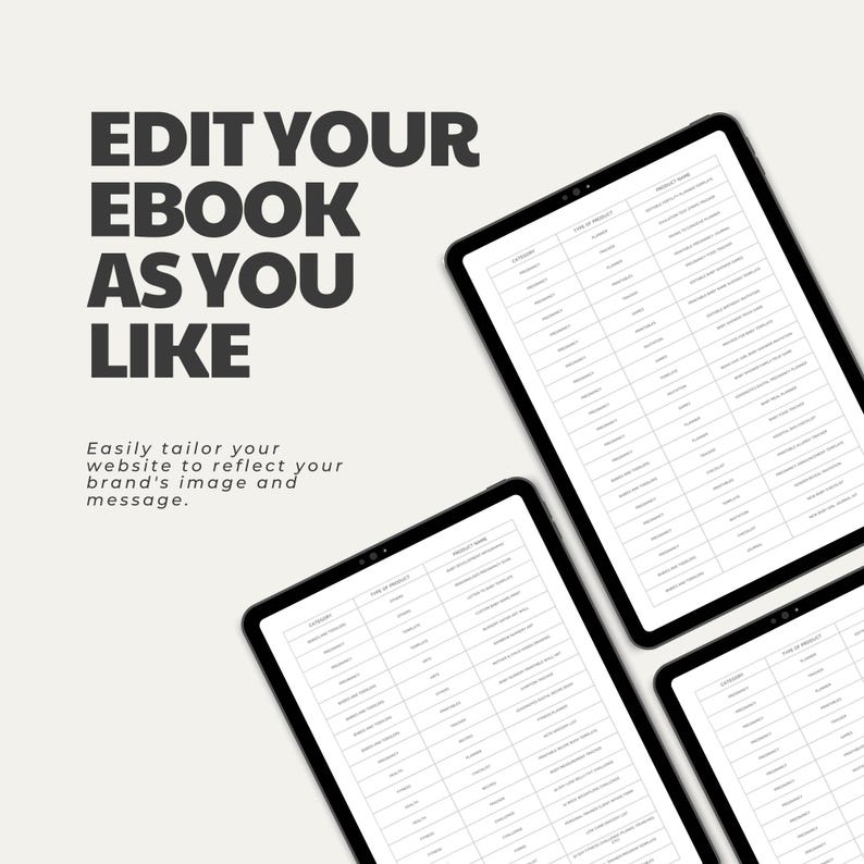 May include: A screenshot of a computer screen showing a table with text fields for editing an ebook. The text on the screen says "Edit Your Ebook As You Like". The text below the table says "Easily tailor your website to reflect your brand's image and message."