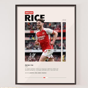May include: A black and white poster with a photo of a soccer player in a red and white uniform. The poster has the text "Declan Rice '99" and a definition of the word "Declan Rice".