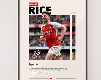 May include: A black and white poster with a photo of a soccer player in a red and white uniform. The poster has the text "Declan Rice '99" and a definition of the word "Declan Rice".
