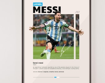 May include: A black and white poster with a photo of Lionel Messi in a soccer uniform celebrating a goal. The poster has the text "Lionel Messi /07" and a quote about Messi being one of the greatest players in the history of the sport.