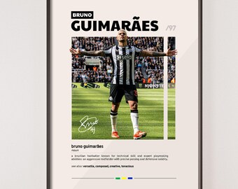 May include: A black and white poster with a photo of a soccer player celebrating a goal. The poster has the text "BRUNO GUIMARÃES '97" and a definition of the word "bruno guimaraes".