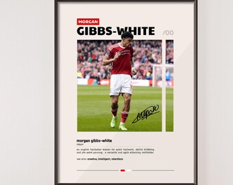 May include: A black and white poster with a photo of a soccer player in a red jersey. The poster has the text "Morgan Gibbs-White #00" and a definition of the name.