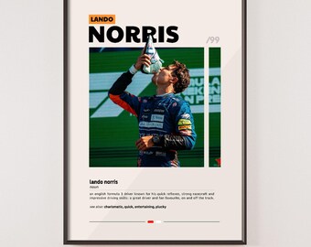 May include: A black and white poster with a photo of Lando Norris, a Formula 1 driver, drinking from a bottle. The poster has the text "LANDO NORRIS /99" in a bold, sans-serif font. The text "lando norris" is below the photo, followed by a short biography of the driver.