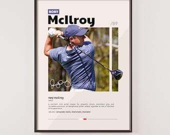 May include: A black and white poster with a photo of a golfer swinging a club. The poster has the text "RORY MCILROY /89" and "Rory McIlroy" in bold black text. The text below the photo reads "a Northern Irish golfer known for powerful drives, consistent play and incredible precision. An exceptional golfer widely regarded as one of the best of his generation." The text continues with "five-star composed, iconic, charismatic, champion."