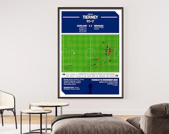 May include: Framed poster featuring a soccer match diagram. The poster displays the score of Scotland 4-2 Denmark, with the text "Kieran Tierney 90+3'". The poster includes the date "Tuesday 18 November 2025" and the words "World Cup Qualifying".