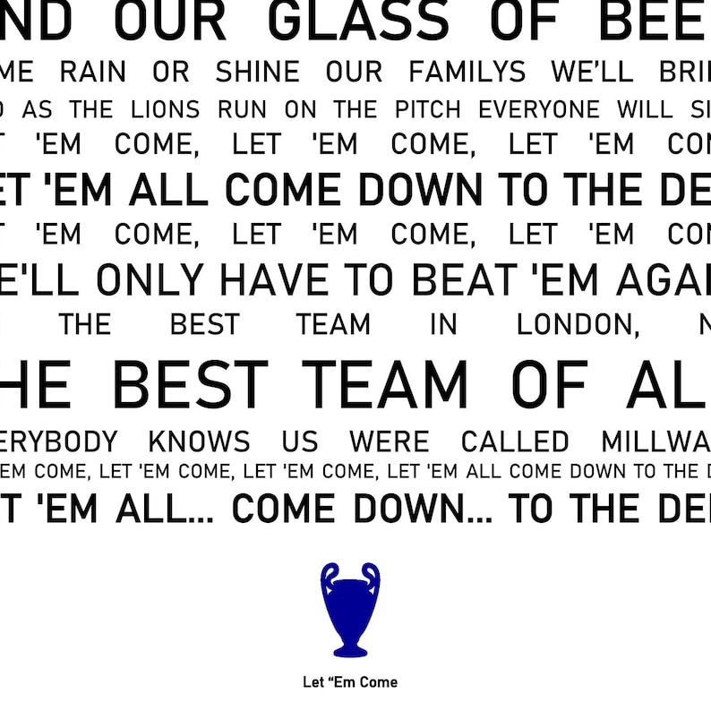 Pu&ograve; includere: Testo in bianco e nero su sfondo bianco con un trofeo di Champions League blu. Il testo recita "And our glass of beer... Me rain or shine our familys we'll bring 'em all... Come down... To the den." Let 'Em Come.