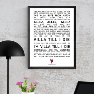 Aston Villa Poster Wall Art, Iconic Chants and Songs, Aston Villa Fan Present Idea, Aston Villa Home Decor