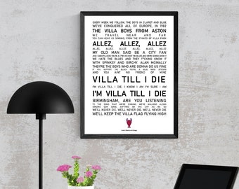 Aston Villa Poster Wall Art, Iconic Chants and Songs, Aston Villa Fan Present Idea, Aston Villa Home Decor