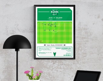 May include: Framed green and white soccer match poster. The poster features a diagram of a soccer field, team names, and the text "KÜHN 45+1' CELTIC 3-1 RB LEIPZIG". Additional text includes "TUESDAY 5 NOVEMBER 2024 CHAMPIONS LEAGUE".