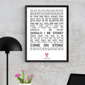 Stoke City poster muurkunst, iconische gezangen en liedjes, Stoke Fan Present cadeau-idee, Stoke Home Decor