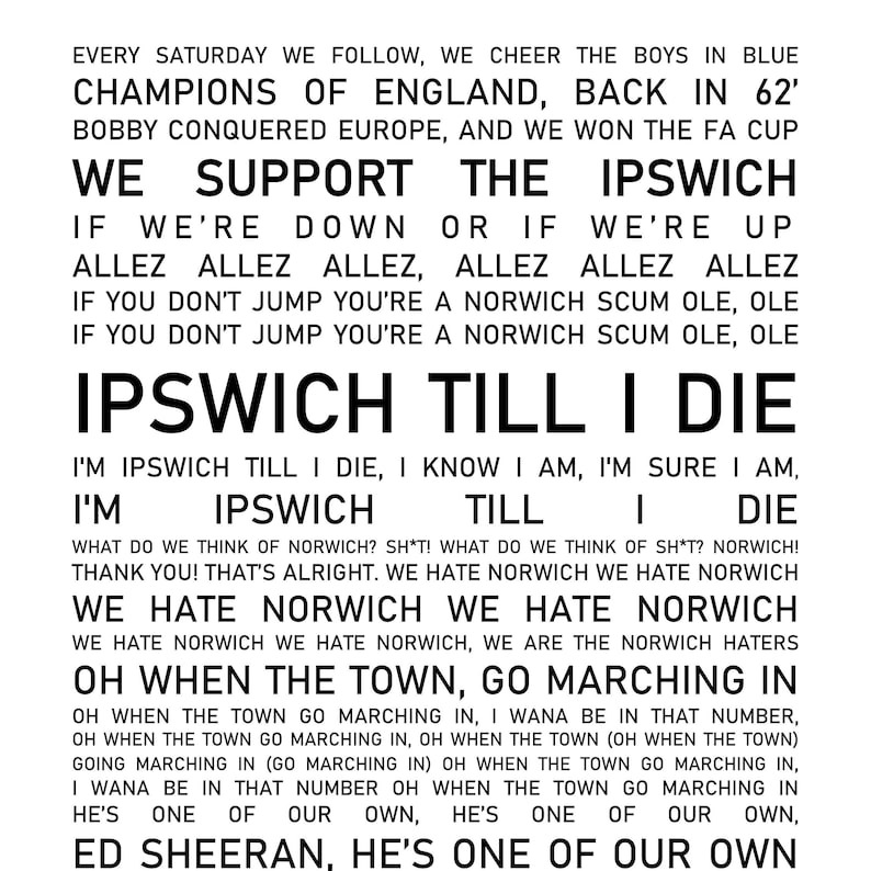 Ipswich Town Poster Wall Art, Iconic Chants and Songs, Ipswich Fan